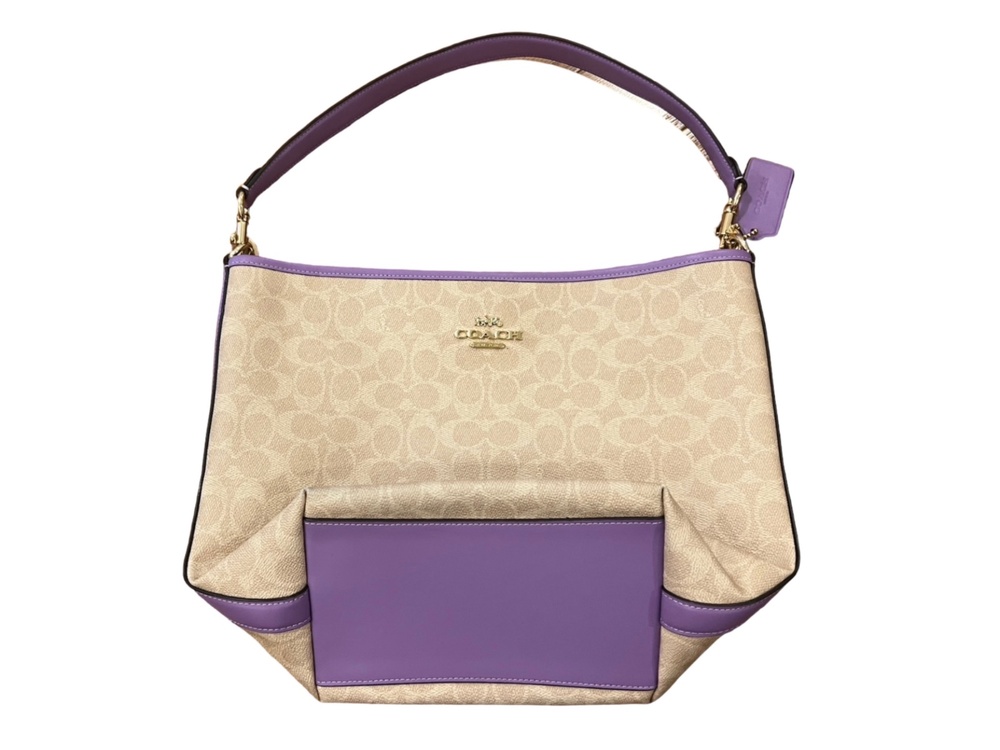 Coach Lexy Shoulder Bag Signature Canvas Light Khaki Purple Hobo Purse